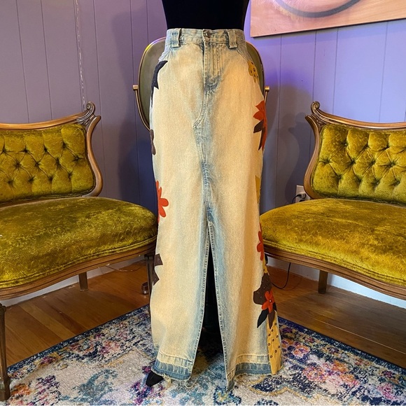 Vintage 90s/Y2K RARE Road Cat Suede And Felt Patchwork Maxi Denim Skirt Size M - Picture 2 of 16